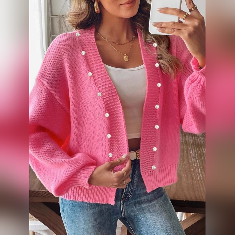Women's Pink Open Front  Button-Up Decor Sweater